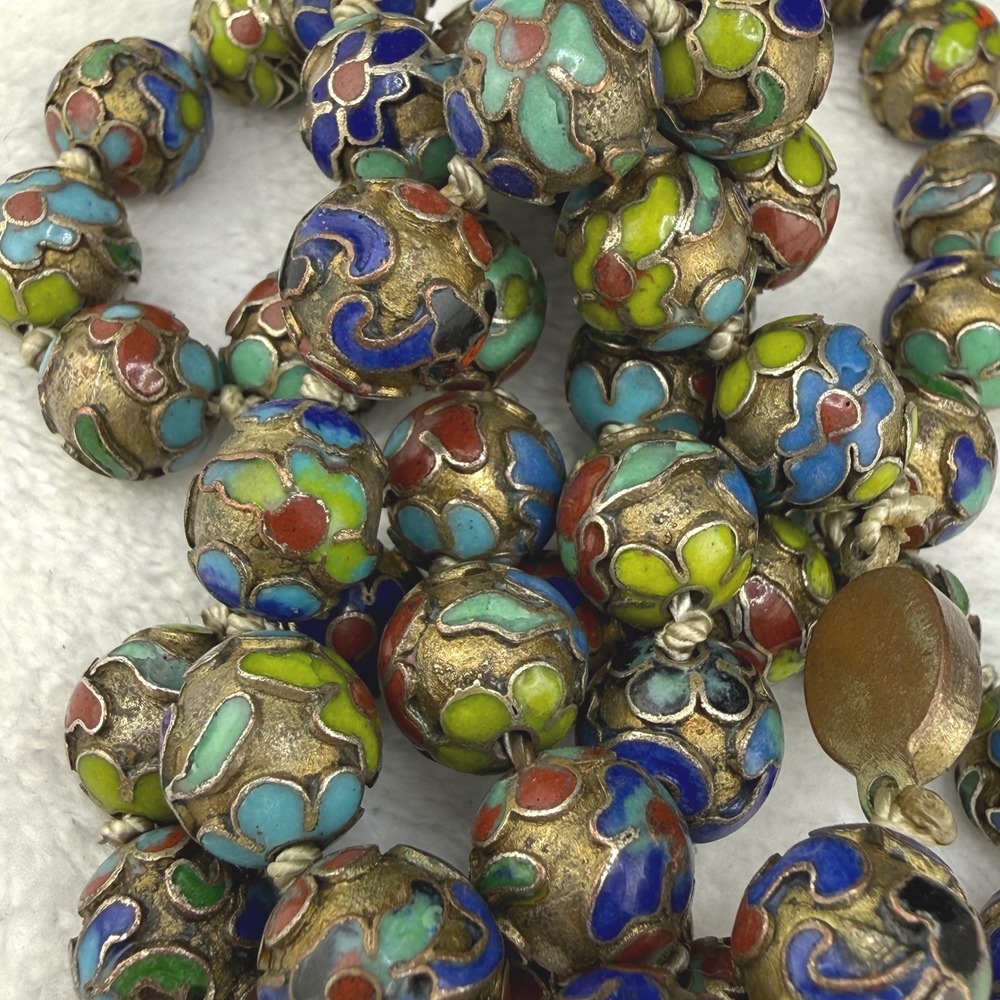Vintage Chinese Cloisonne Enamel Floral Bead Necklace Multicolor Brass 25" READ